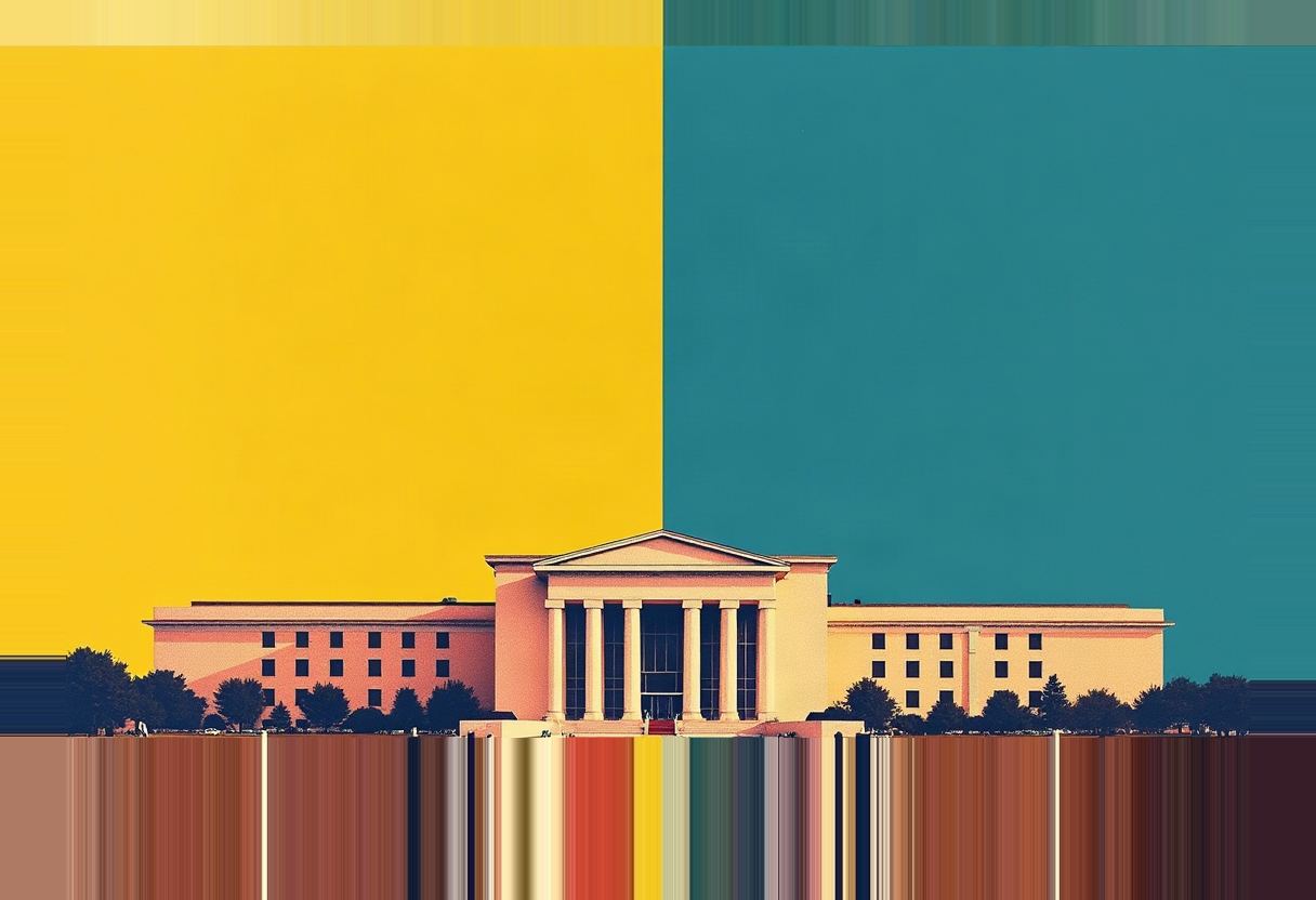 A columned government building with wings sits below a sky split yellow on the left and teal on the right, with a strip of vertical color bars along the bottom edge.