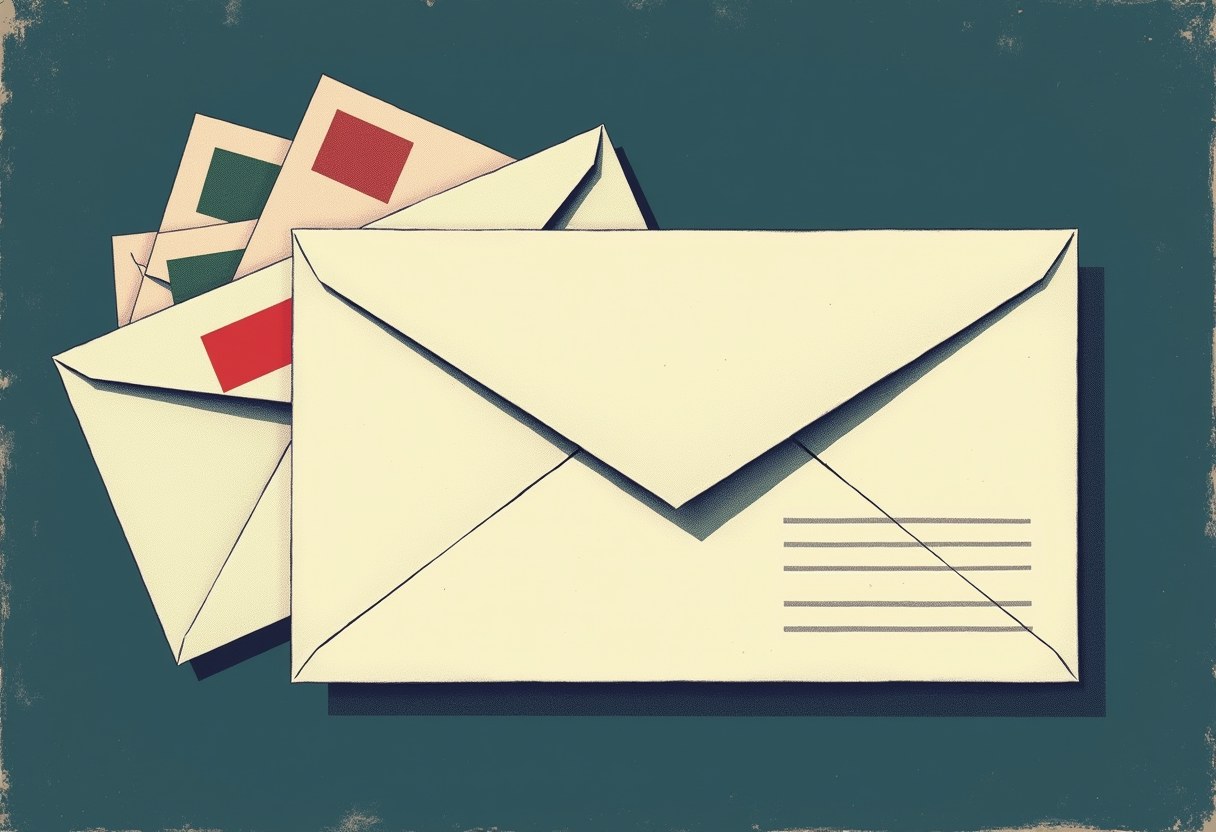 A stack of cream-colored envelopes with red and green stamp squares and grey address lines, fanned out on a dark teal background.