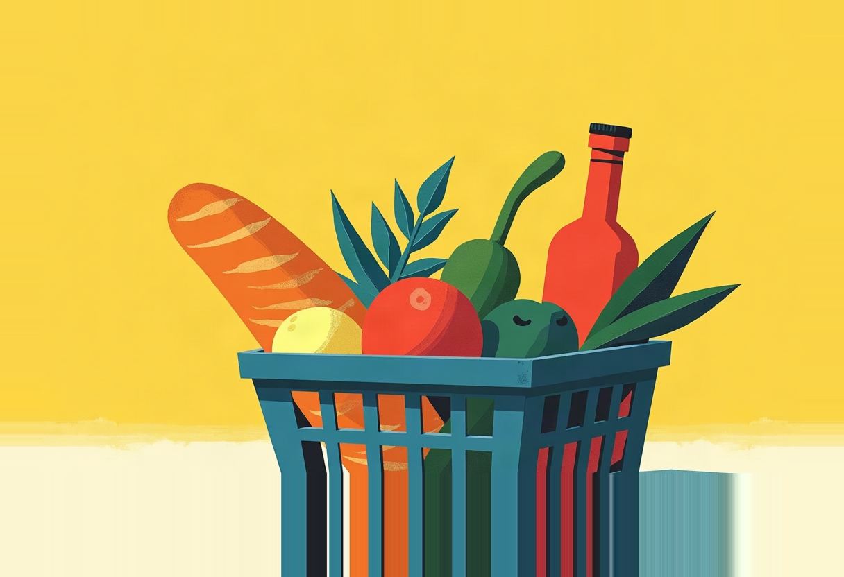 Illustrated teal grocery basket holds a baguette, lemon, tomato, green pepper, leafy greens, and a red bottle, against a yellow background.