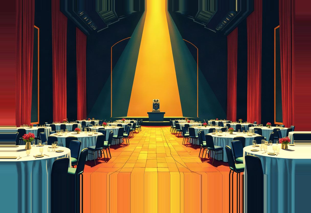 Empty banquet hall with round tables, red curtains, and a gold-lit aisle leading to an illuminated podium on a stage.