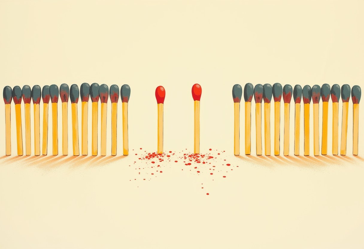 Two rows of burnt matches with dark gray heads flank two unlit matches with red heads standing amid scattered red flecks on cream background.