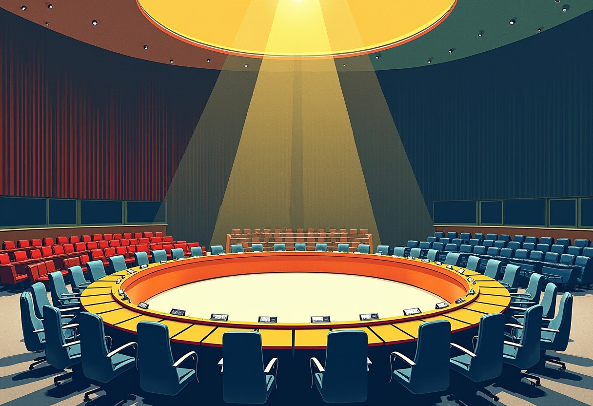 An empty circular yellow conference table with blue chairs sits under a bright overhead light beam, flanked by empty red and blue auditorium seating.