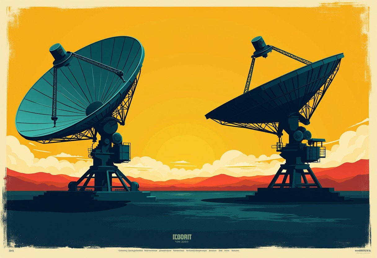 Two large teal satellite dishes face each other across dark water, silhouetted against an orange sunset sky with red-orange hills.