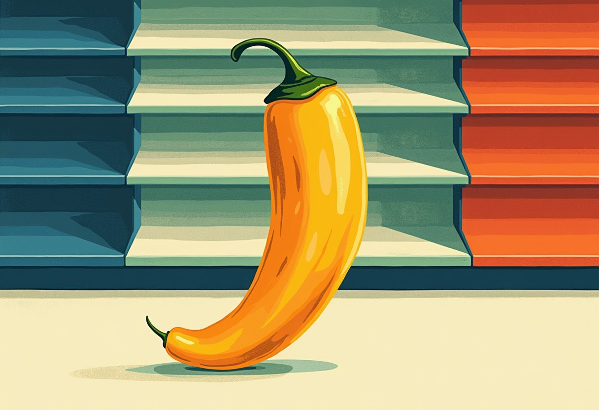 A single yellow-orange jalapeño pepper with a green stem stands upright against a backdrop of blue, pale-green, and red striped stair steps.