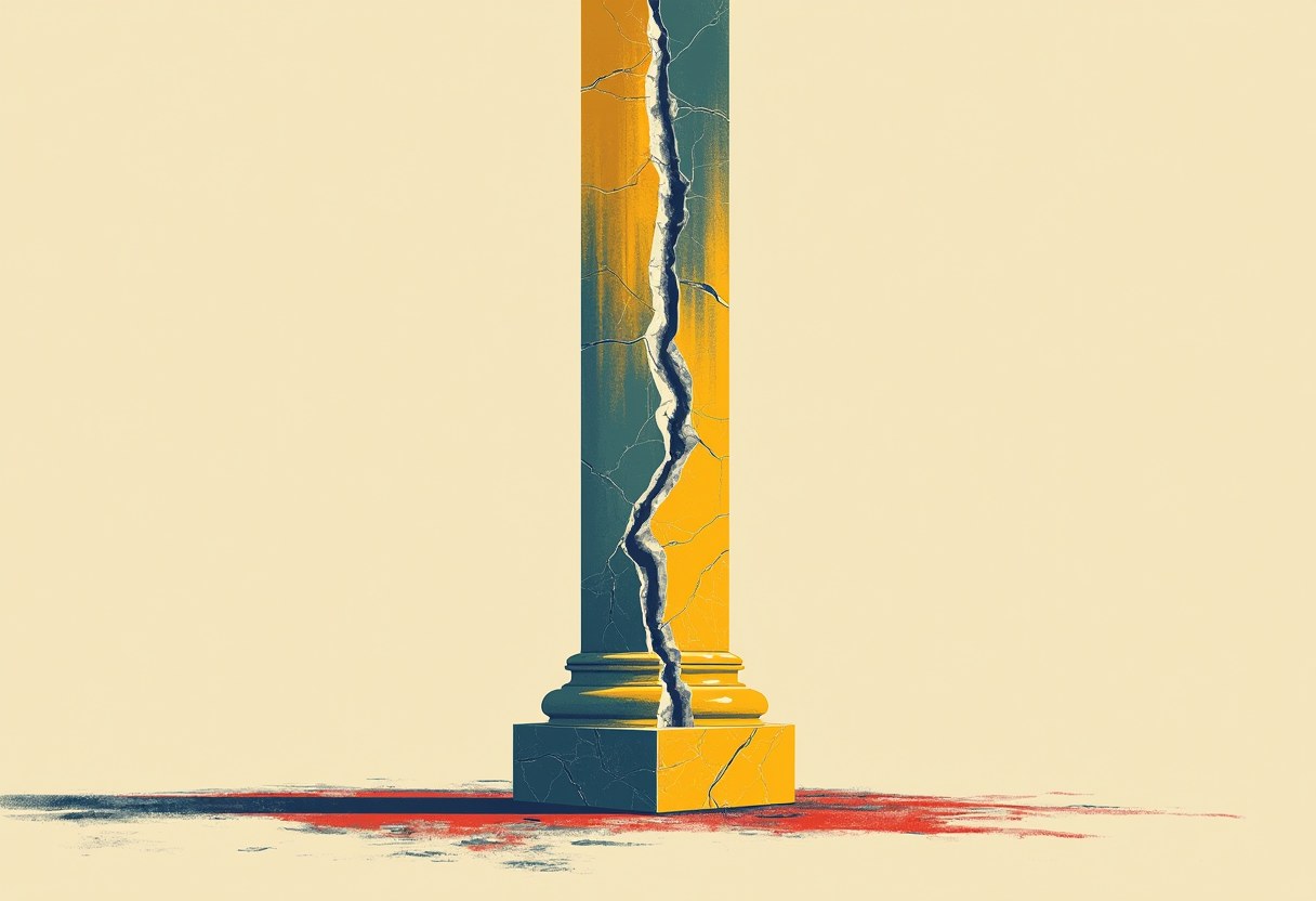 A tall stone column split by a jagged vertical crack, its left half dark teal and right half yellow-orange, standing on a base above a red-stained floor, against a cream background.