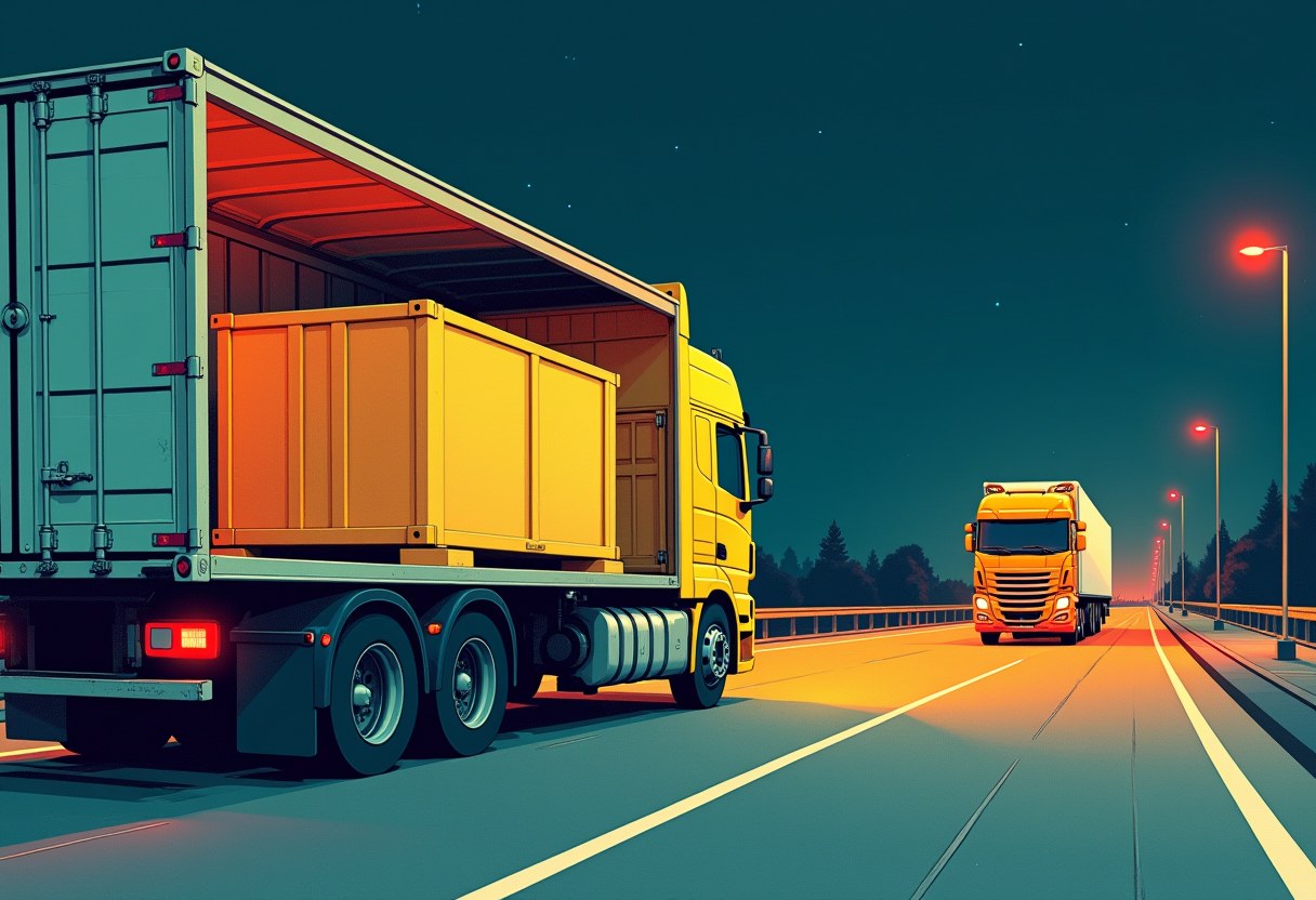 Illustration of two semi trucks with open cargo trailers driving on a highway at dusk, one yellow container visible inside the near truck's trailer.