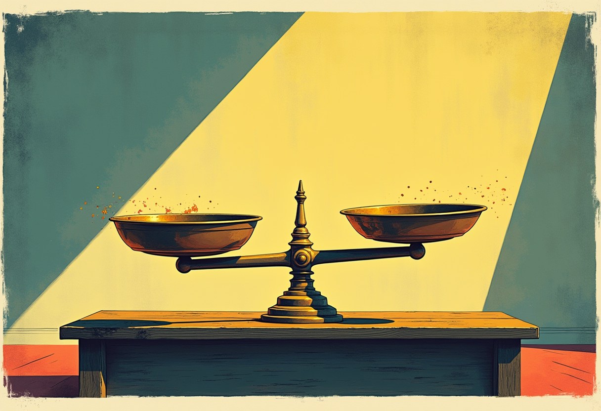 A brass balance scale with two empty pans sits level on a wooden table against a teal and yellow diagonal-striped background.