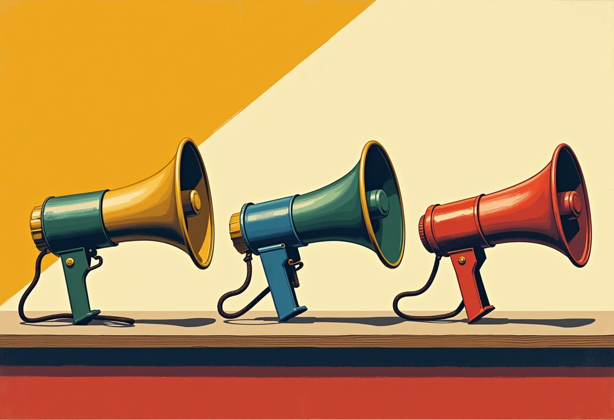 Three handheld megaphones in yellow, green, and red stand in a row on a shelf against an orange and cream background.