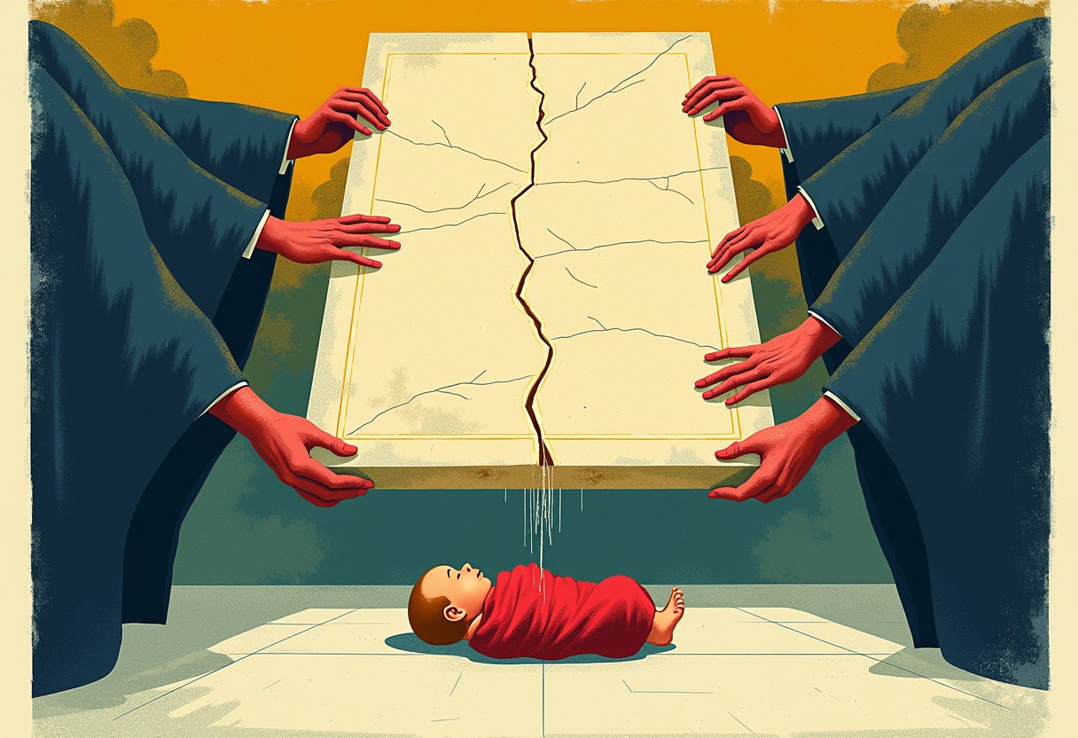 Two red-armed figures in dark robes hold a large cracked stone tablet above a swaddled baby lying on tiles, with thin lines dripping from the crack onto the infant.