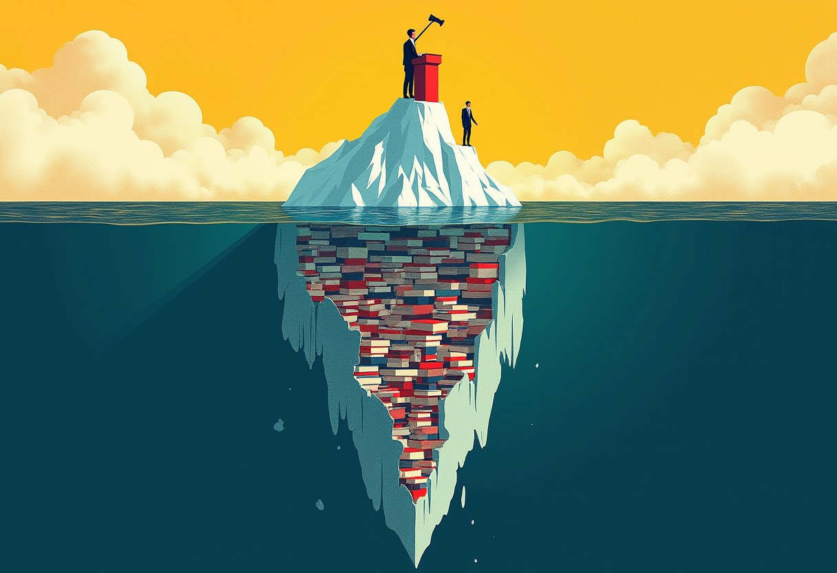 Two suited figures atop an iceberg, one holding a gavel at a red podium; below the waterline the ice gives way to a submerged stack of colorful books.