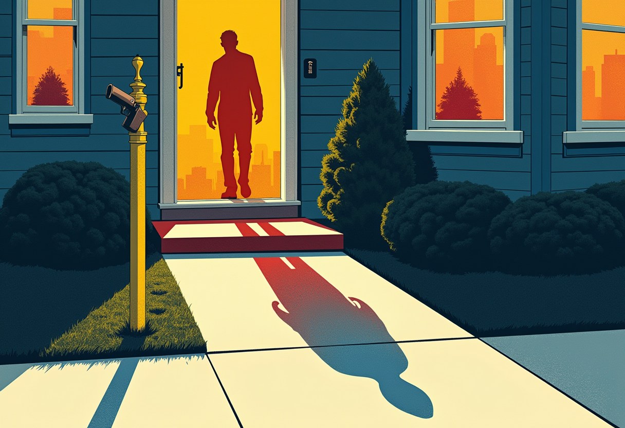 A red silhouetted figure stands in a glowing orange doorway of a blue house, beside a lamppost topped with a handgun instead of a lamp, its shadow stretching down the front walk.