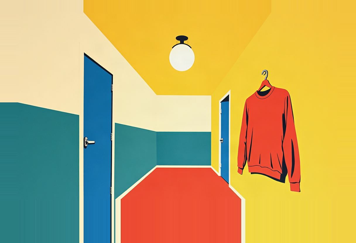 Illustrated hallway with teal and cream walls, a red floor, two blue doors, a round ceiling light, and a red sweatshirt hanging on a wall hook against a yellow wall.