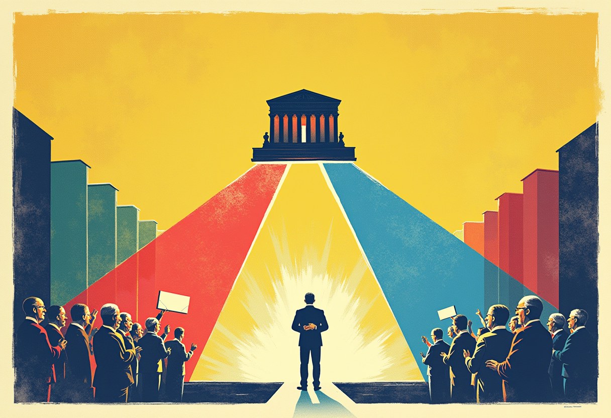 A man in a suit stands alone on a path between red and blue light beams leading to a courthouse building, flanked by two crowds of men in suits, one holding an envelope.