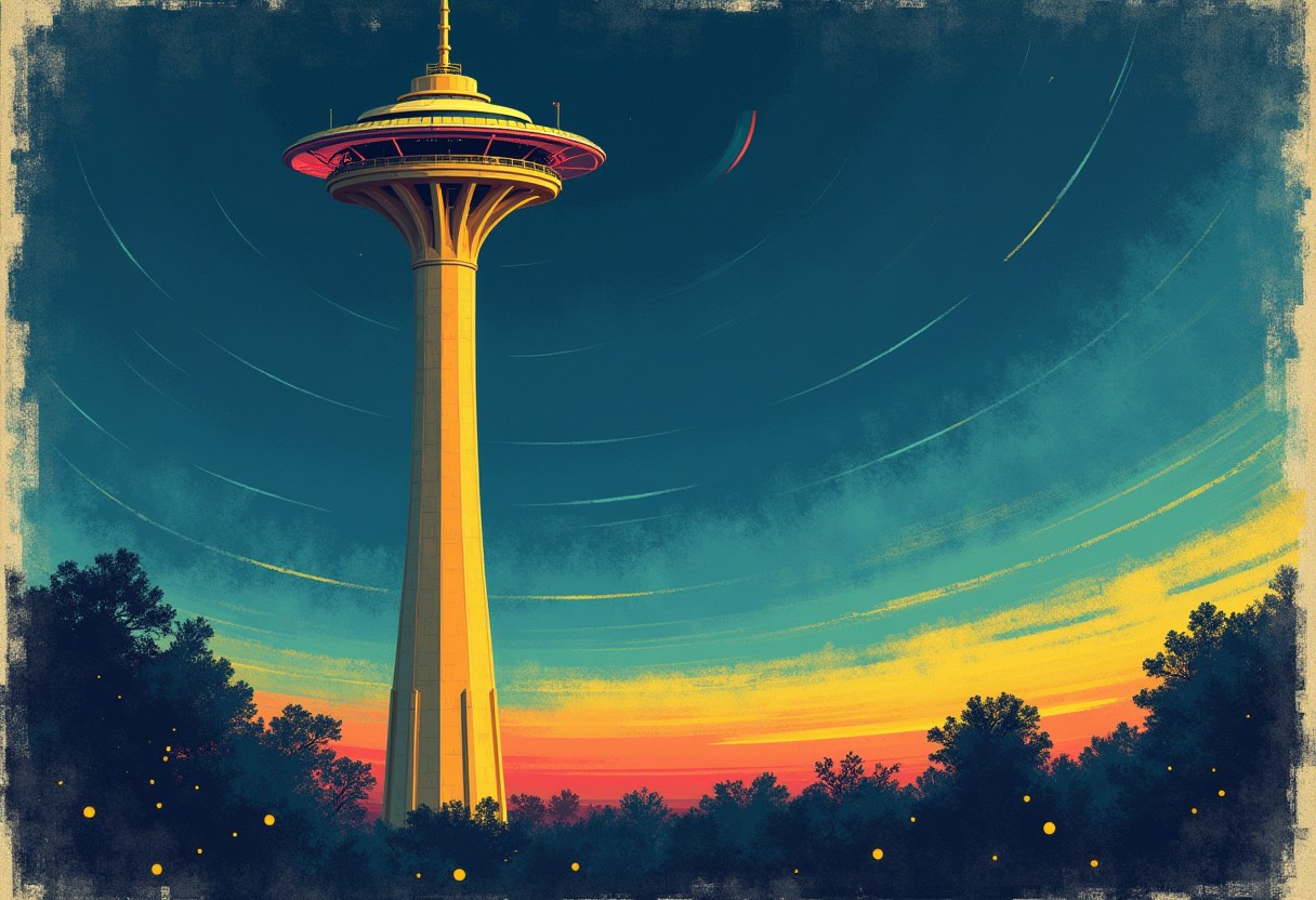 A tower resembling the Space Needle rises above dark treetops under a sky gradating from teal at top to orange near the horizon, with faint arcs and small yellow dots scattered around.
