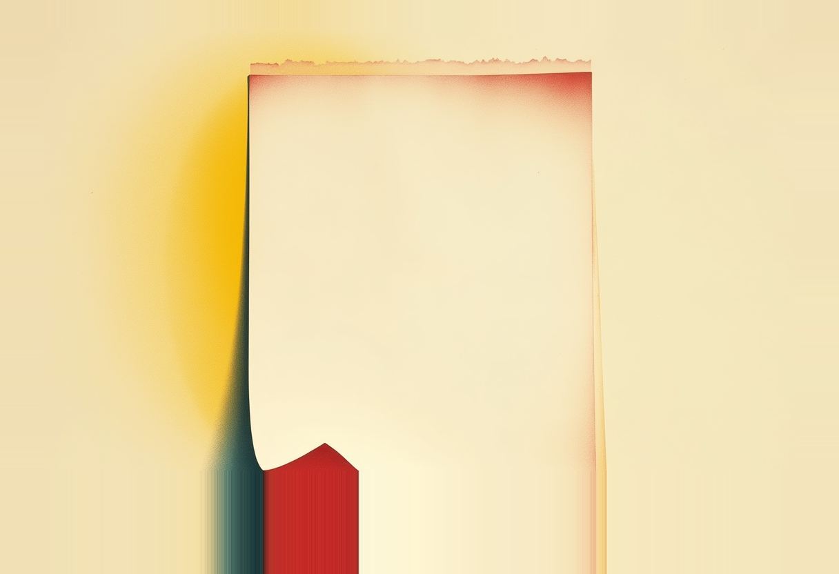 Abstract editorial illustration: a torn cream page with a crimson wedge cut from its base, framed by a soft mustard glow against sage shadow