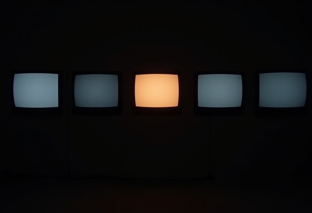 Five old television sets glow in a dark room, four with pale blue-white static screens and the center one glowing orange.