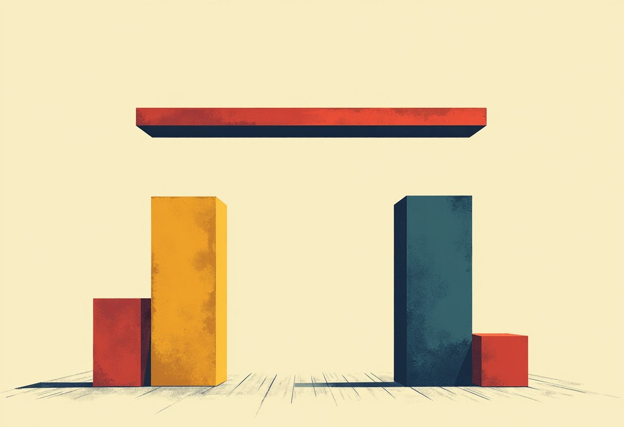 A red horizontal beam hovers unsupported above a gap between two pairs of rectangular blocks in yellow, red, and dark teal on a cream background.