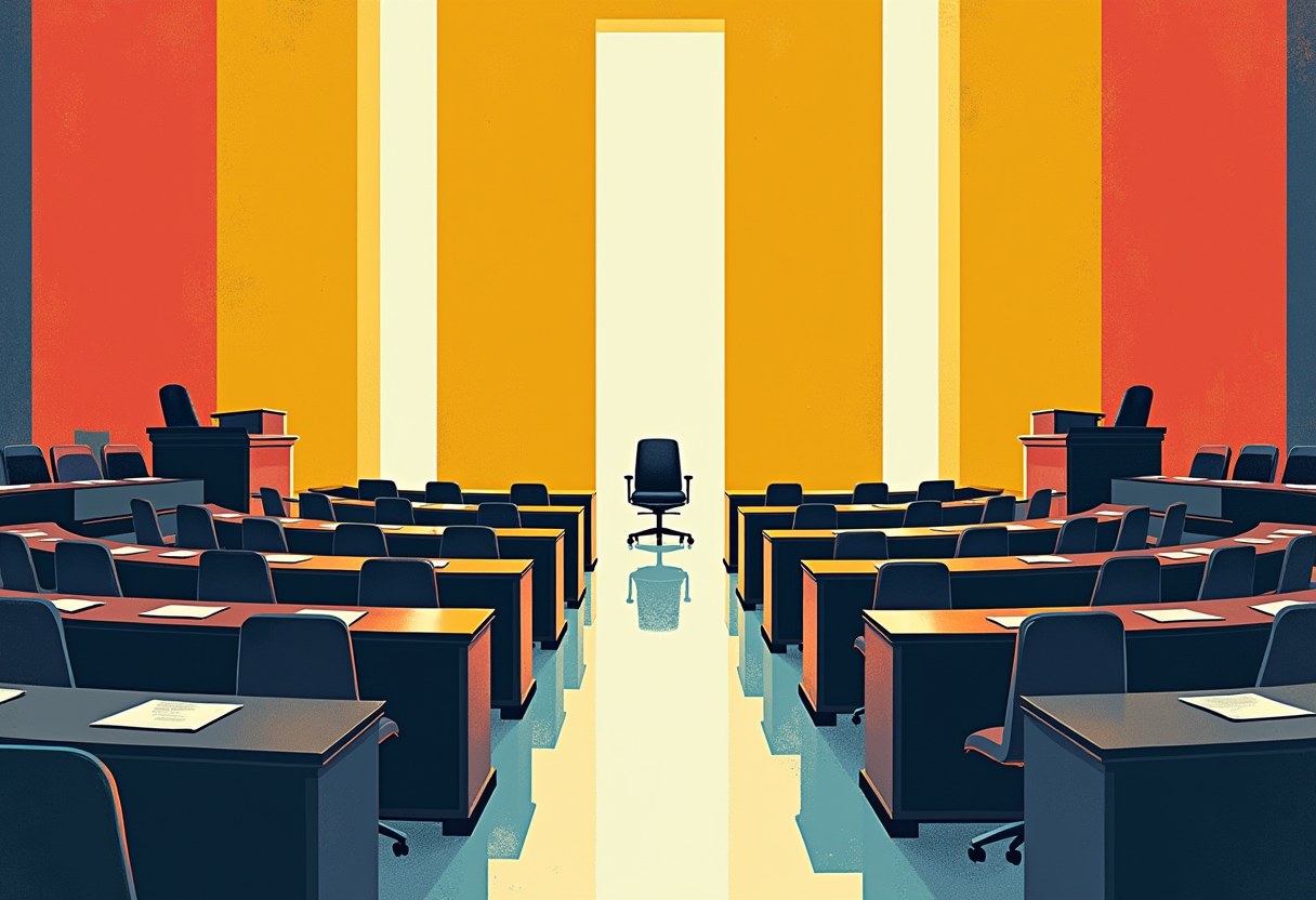 Empty desks in a legislative chamber flank a single black office chair alone in the center aisle, against striped red, orange and cream walls.