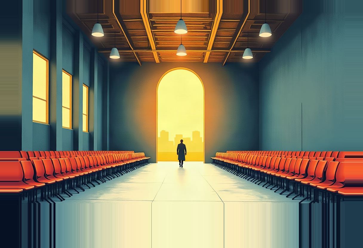 A silhouetted figure in a coat walks down an aisle between empty orange chairs toward a glowing yellow archway framing a city skyline.