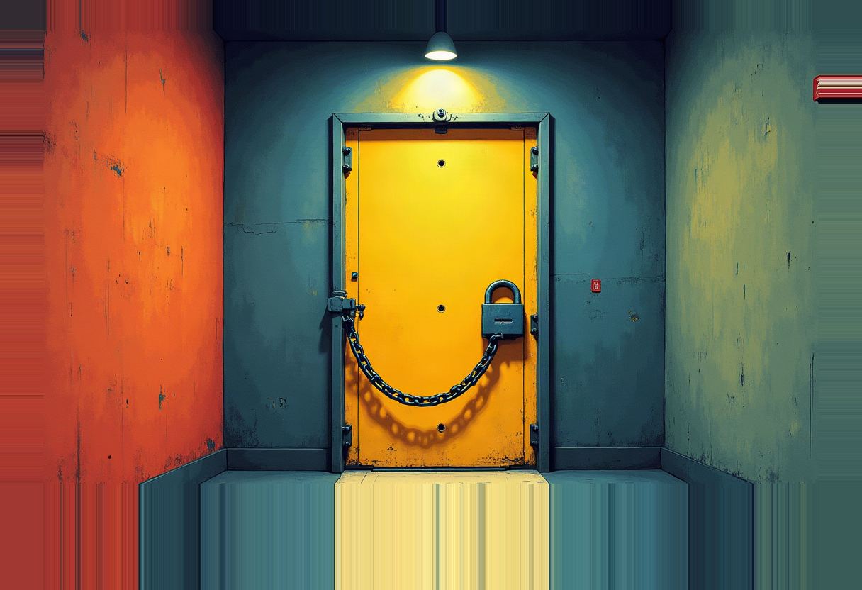 A yellow metal door wrapped in a chain and padlock, lit by a single overhead bulb, flanked by orange and teal walls.