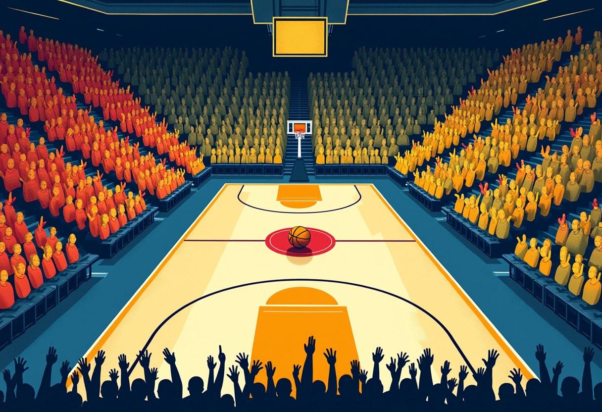 Illustrated basketball arena with a ball at center court, empty of players, flanked by packed stands in red and gold, silhouetted raised hands in the foreground.