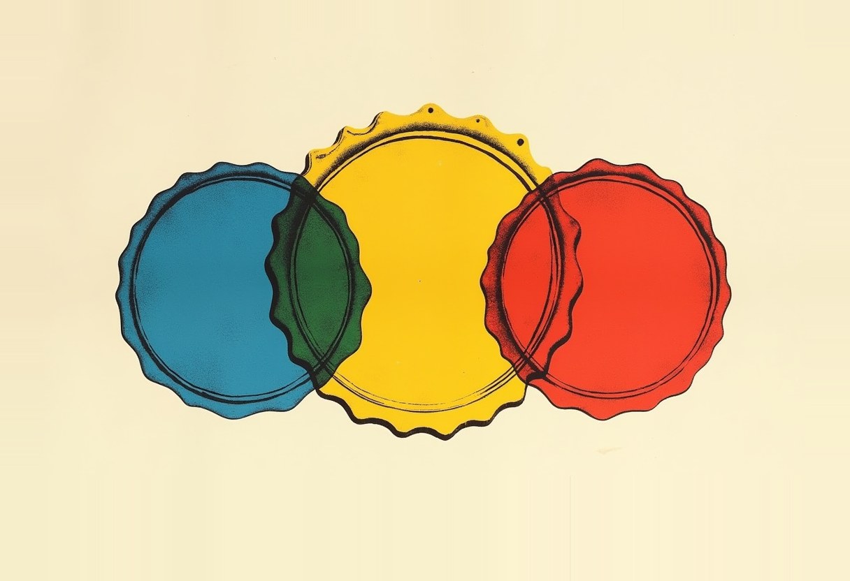Three overlapping scalloped-edge circles like bottle caps in blue, yellow, and red on a cream background, their overlaps blending to green and orange.