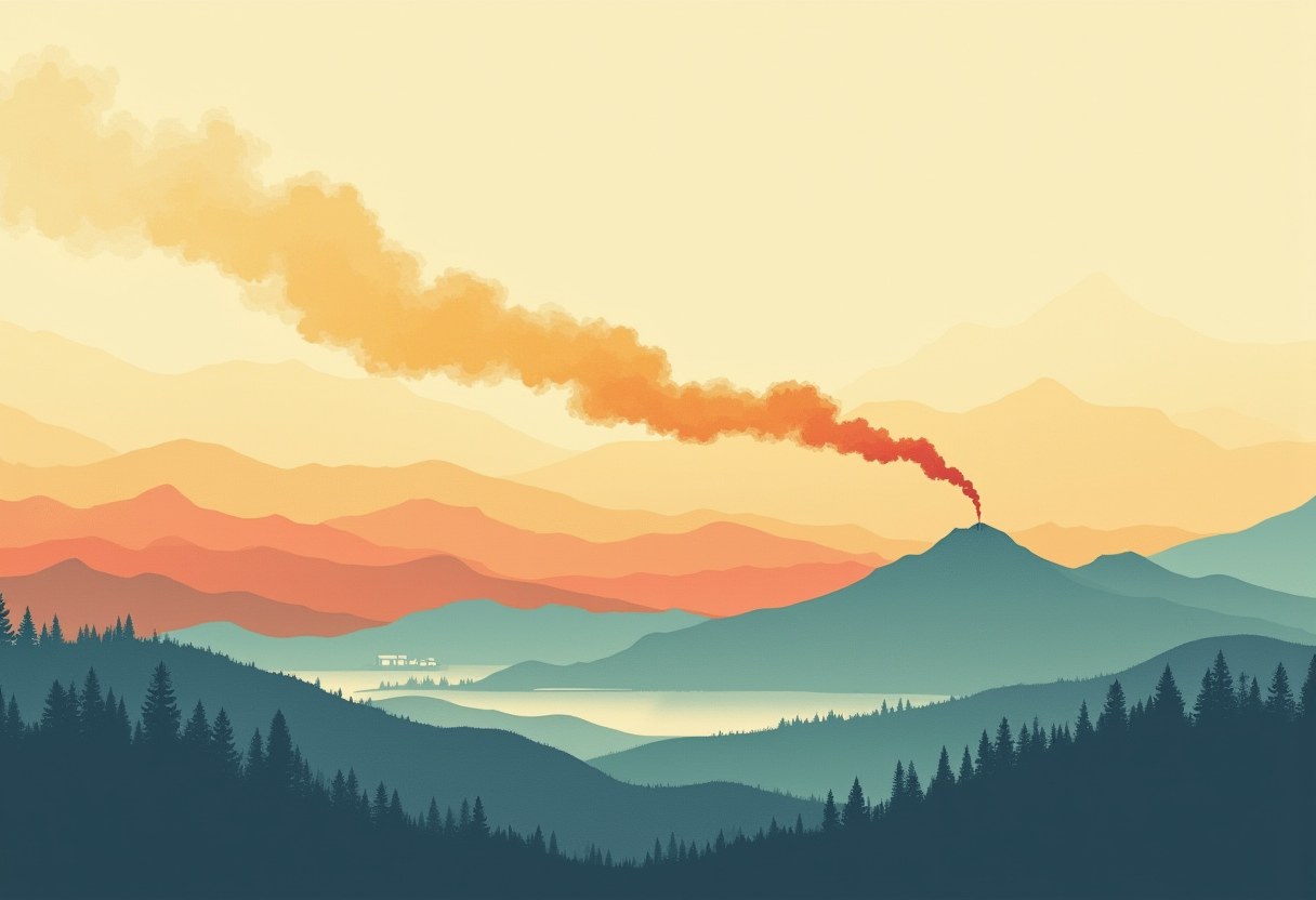 A red-orange plume of smoke rises from a peak and drifts left across layered blue-green mountain ridges, forested hills, and a lake, under a pale yellow sky.