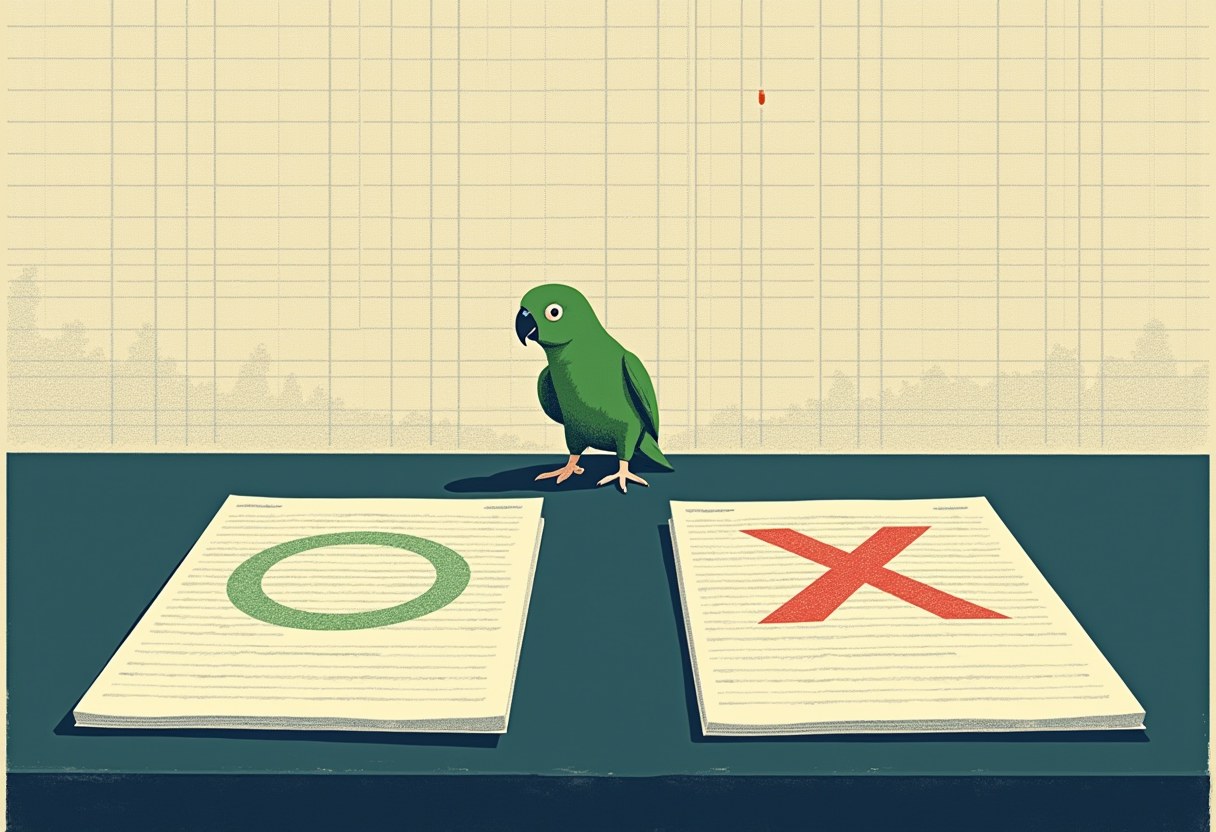 A green parrot stands on a dark table between two paper stacks marked with a green circle and a red X, against a graph-paper background.