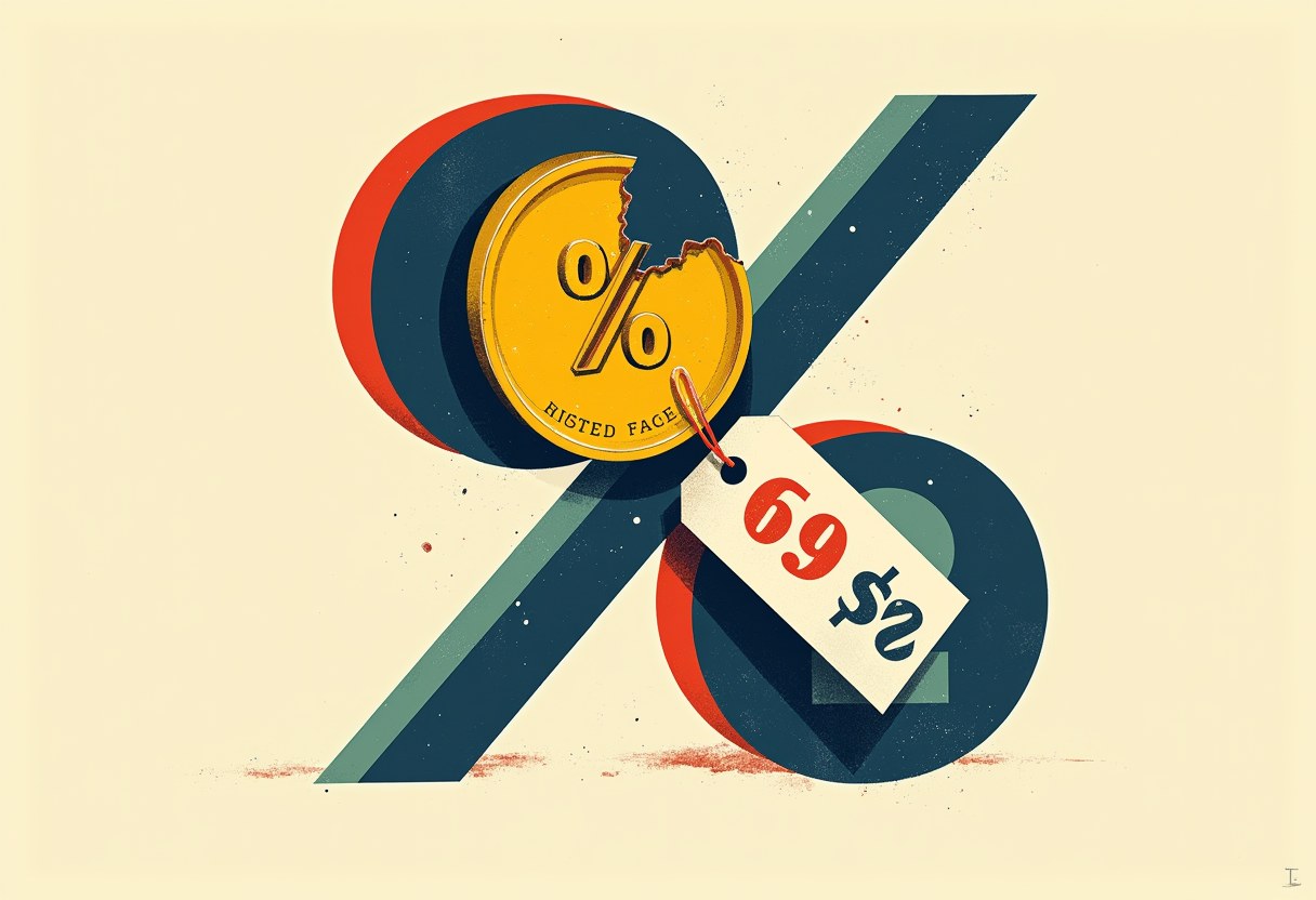 A large navy percent sign with a bitten yellow coin at its center and a white price tag reading numbers hanging off it, on a cream background.