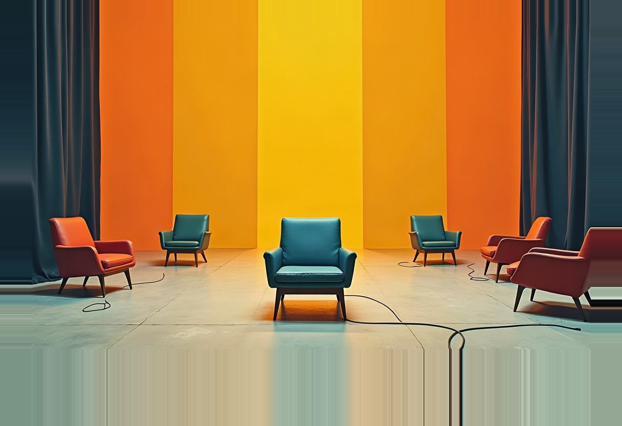 Seven mid-century armchairs in teal and orange/red sit on a tiled floor before vertical yellow-orange panels and dark curtains, with black cables snaking across the floor.