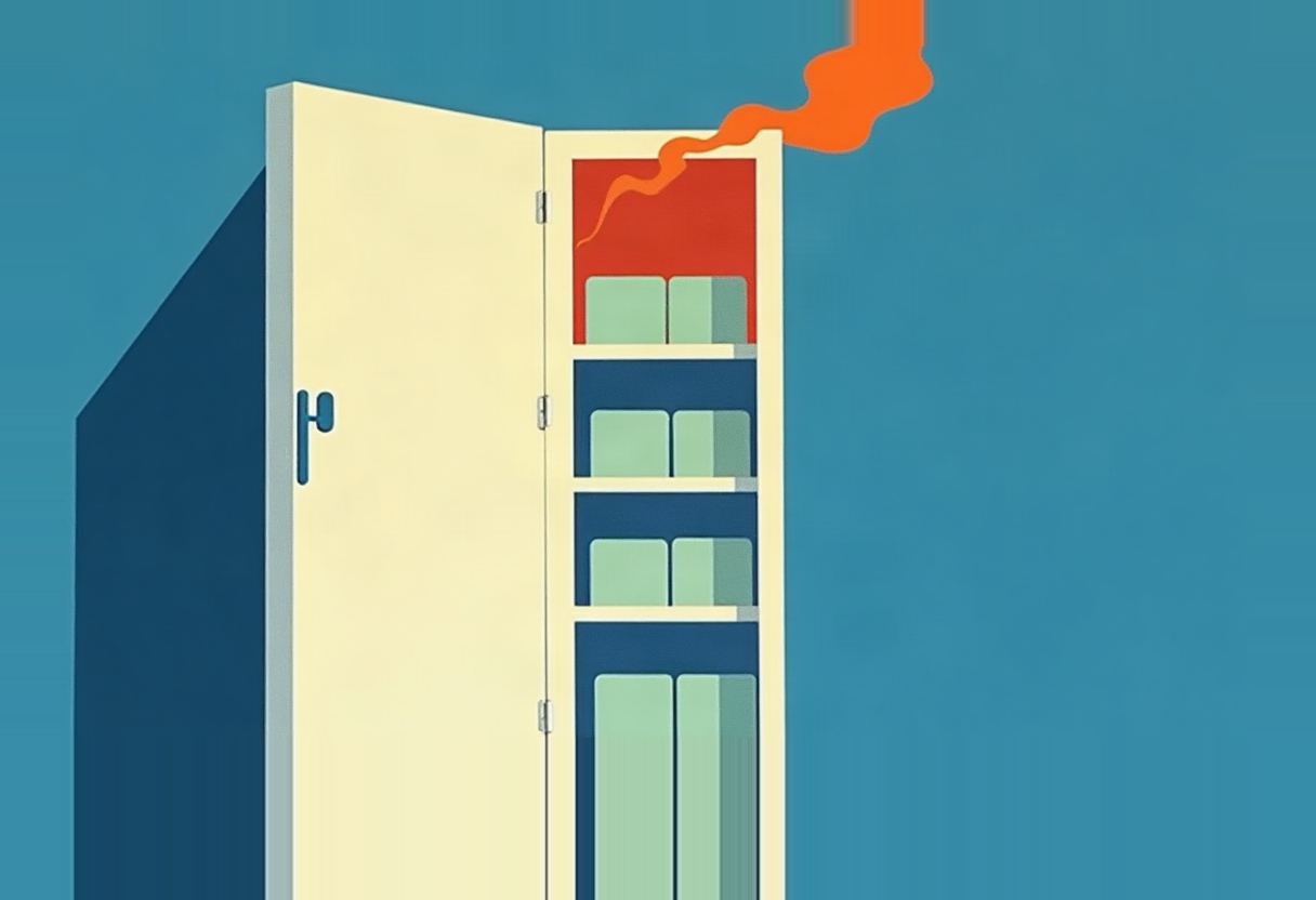 An open refrigerator with a cream door shows pale green rectangular containers on four shelves, the top shelf backed in red with orange wisps of smoke rising out, against a teal background.