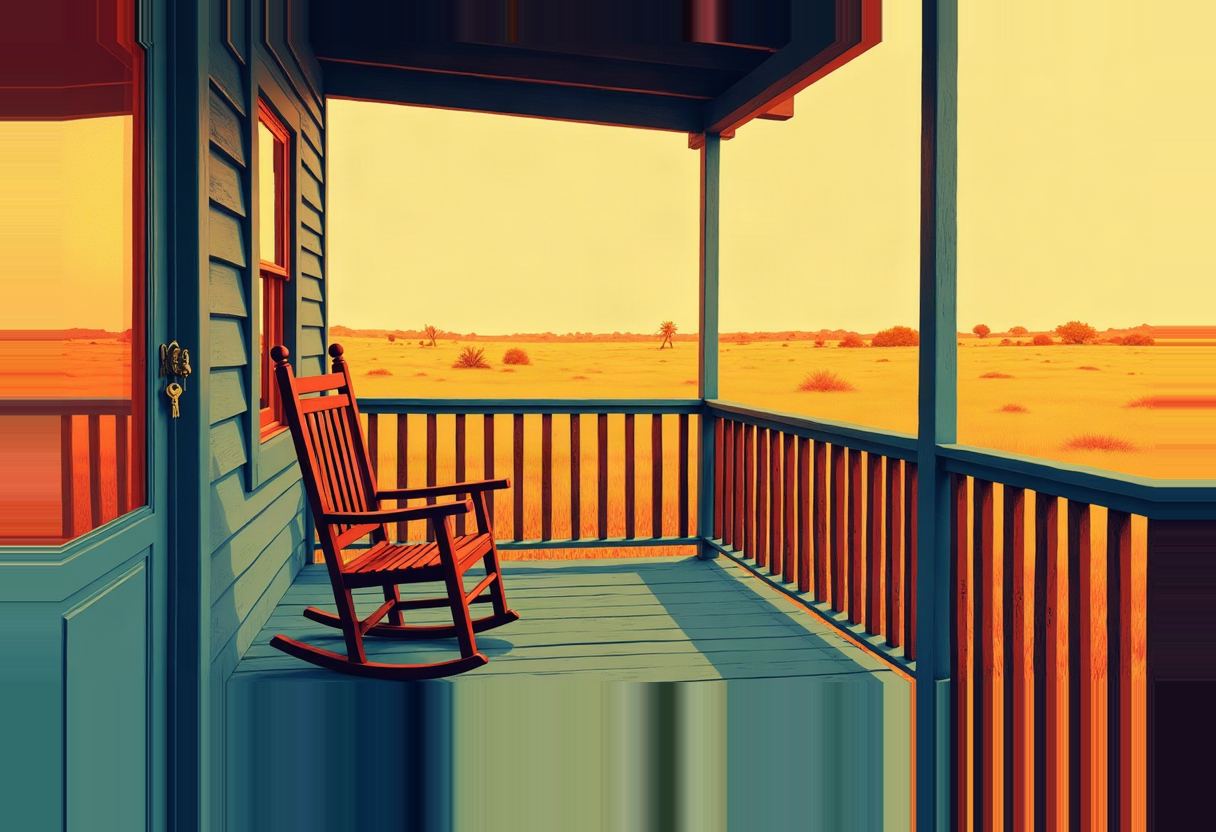An empty wooden rocking chair sits on a blue farmhouse porch overlooking a flat golden field under an orange-yellow sky.