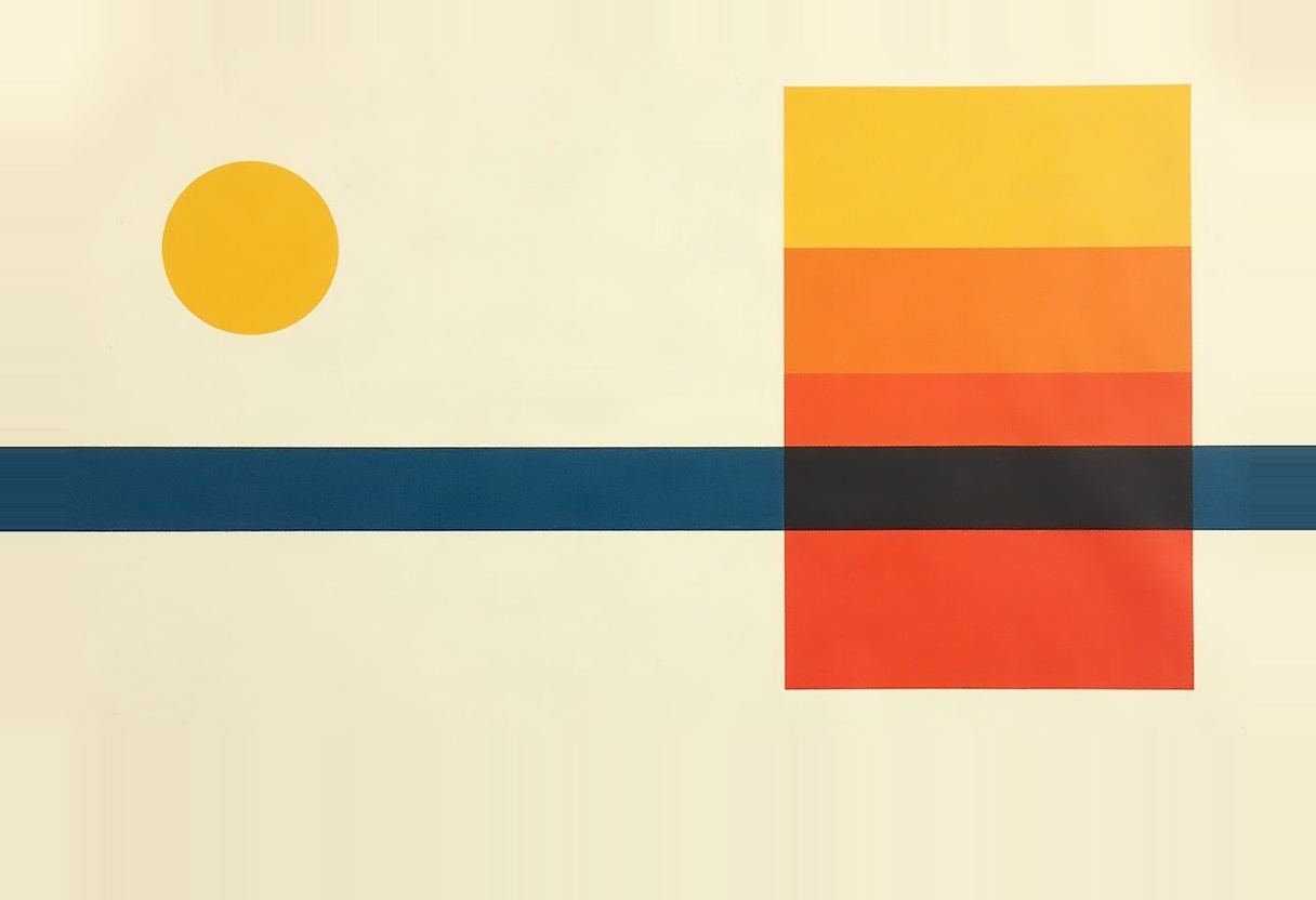 A yellow circle sits left of a horizontal teal bar on a cream background, crossing a tall rectangle banded yellow, orange, red, black, and red.