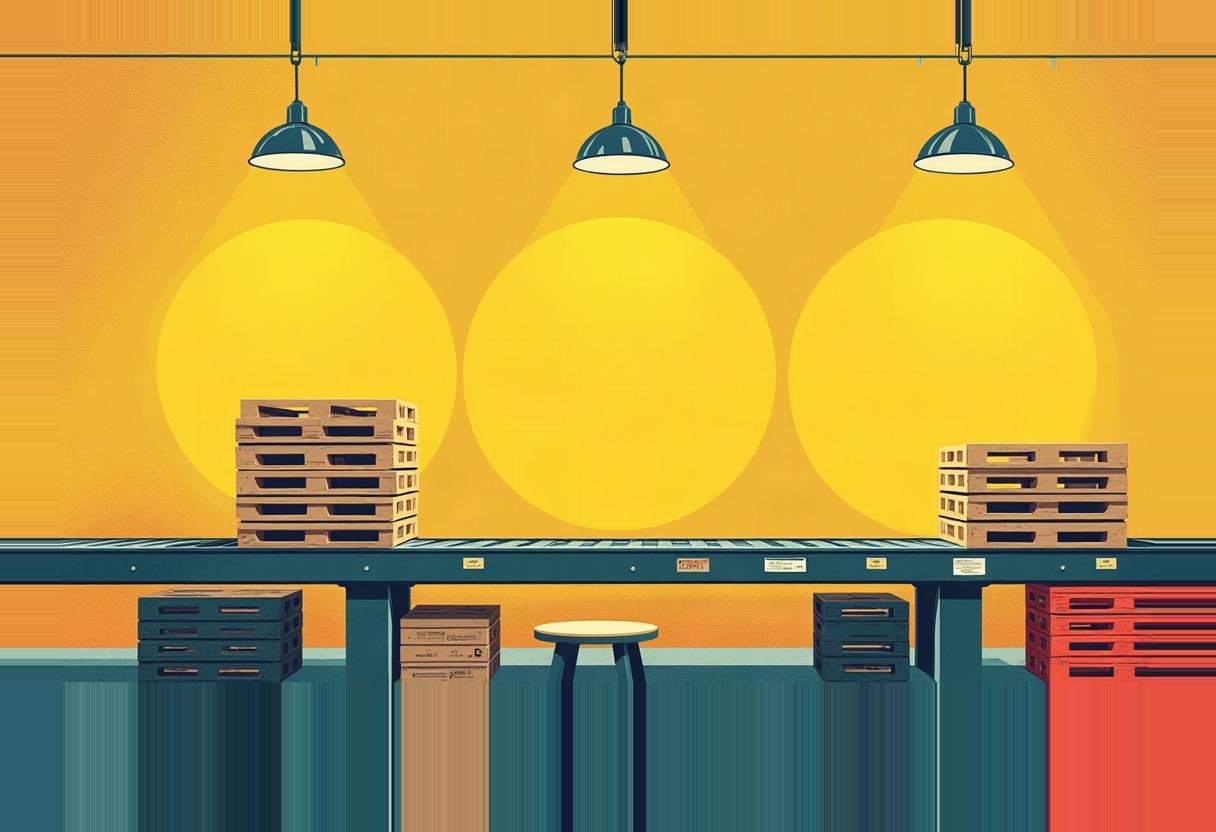 Three hanging lamps light an empty conveyor belt with stacked wooden pallets and crates, one crate stack tinted red, against an orange background.