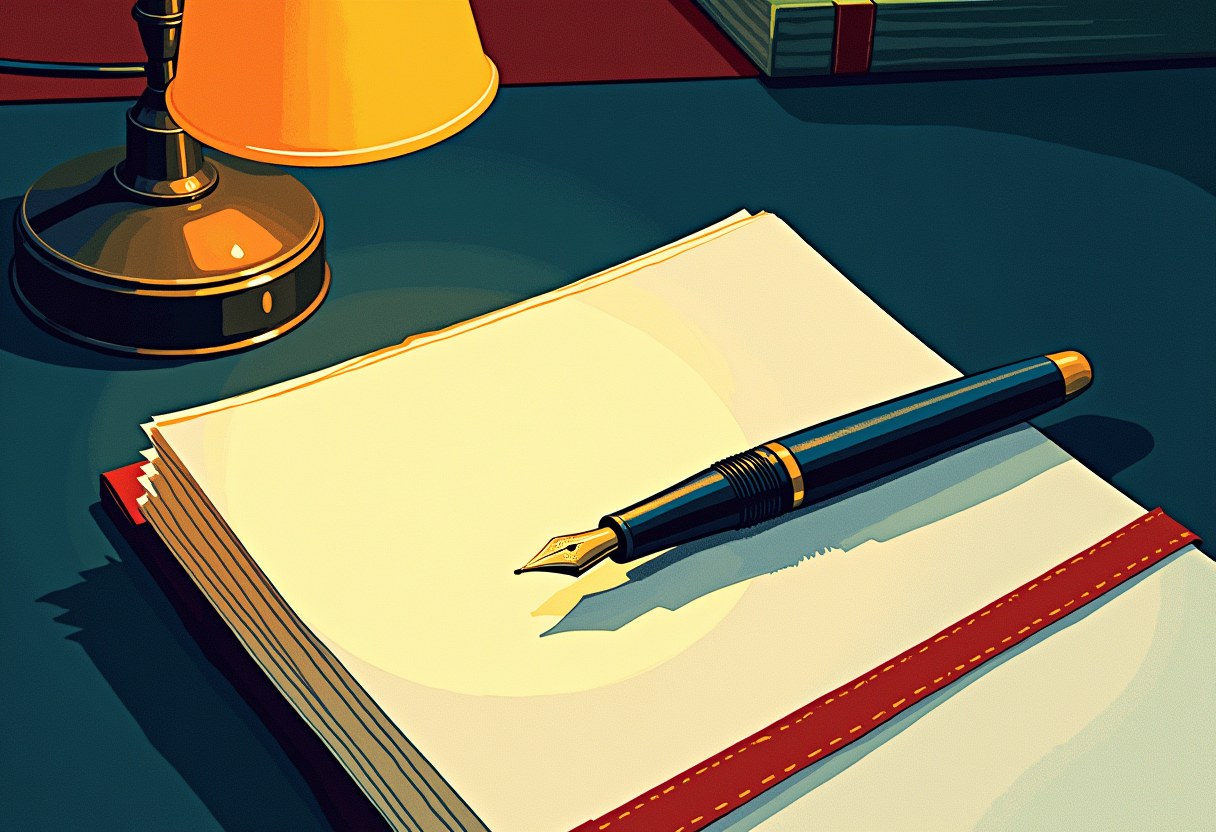 A gold-nibbed fountain pen rests on an open blank notebook with red-stitched edges, lit by a brass desk lamp on a dark teal desk.