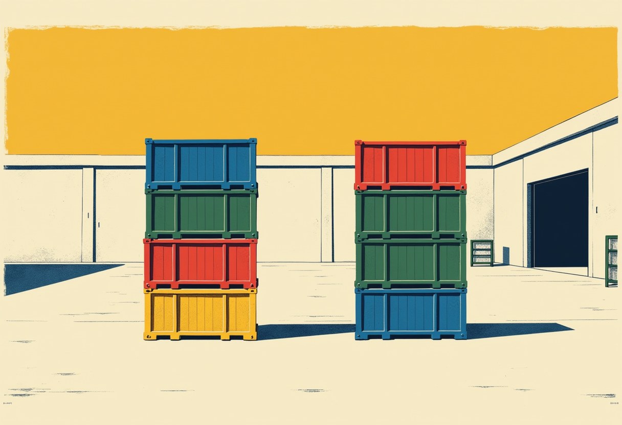 Two four-high stacks of shipping containers in a warehouse yard, one blue-green-red-yellow and one red-green-green-blue, under an orange sky.