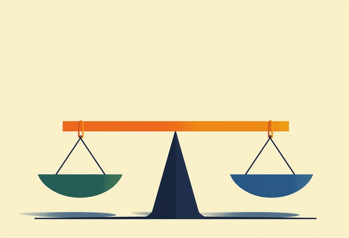 A balance scale with an orange beam on a dark blue triangular fulcrum, empty green and blue pans hanging level on either side, against a pale yellow background.