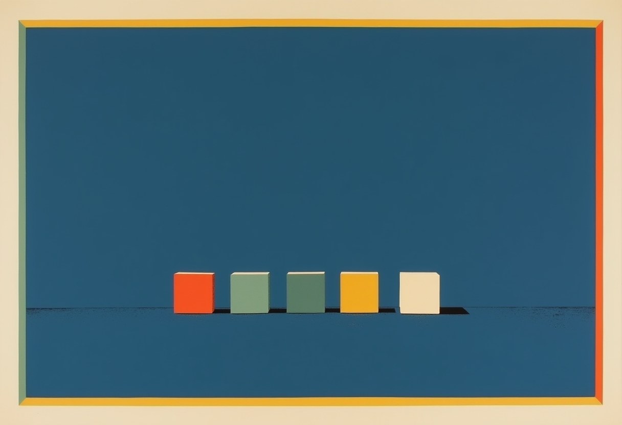 Five small cubes—orange, sage green, teal, yellow, cream—stand in a row on a dark teal ground with a multicolored border frame.