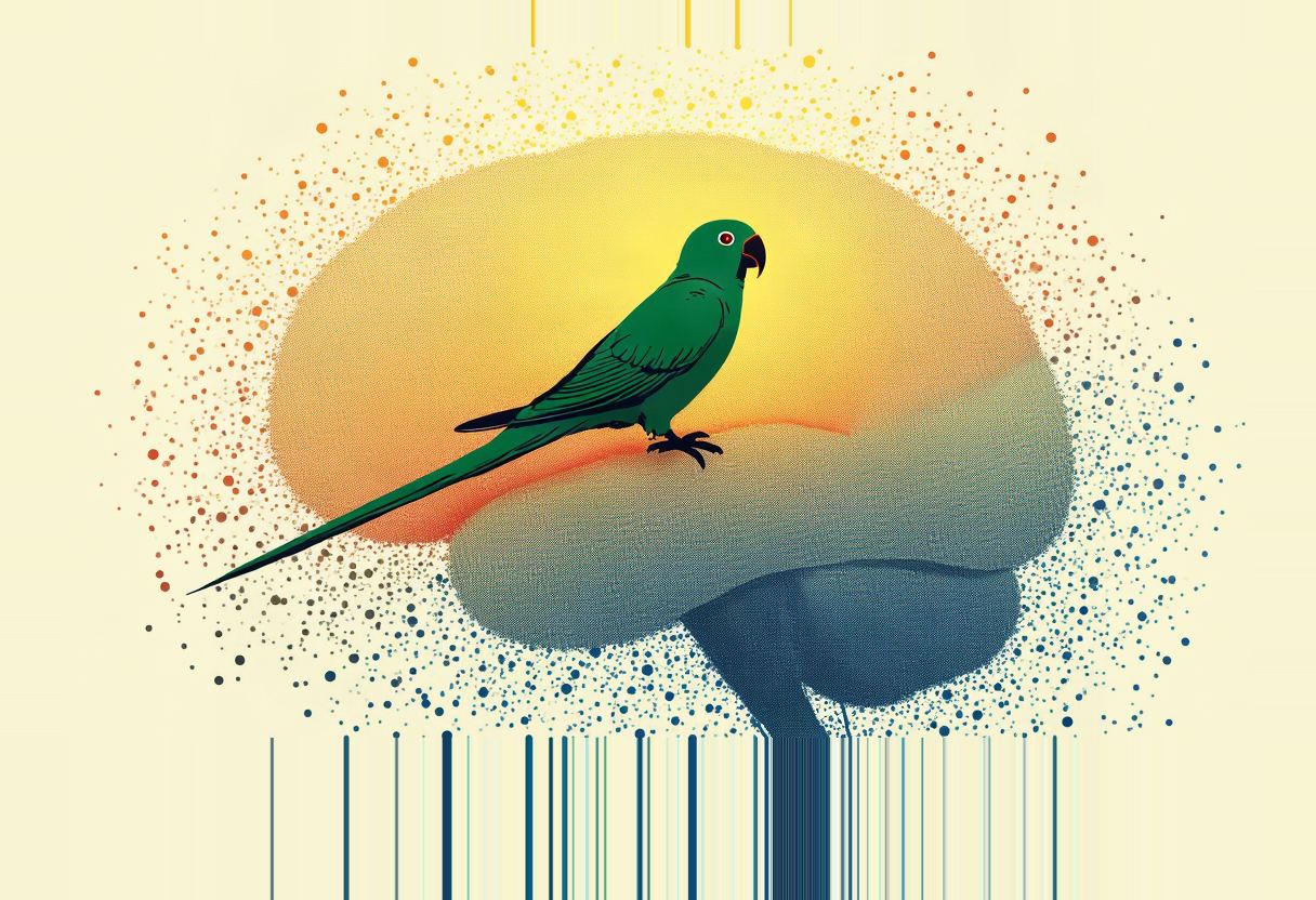 A green parrot perches on a brain shape shaded yellow-orange on the left and blue on the right, surrounded by scattered dots and thin vertical lines on a cream background.