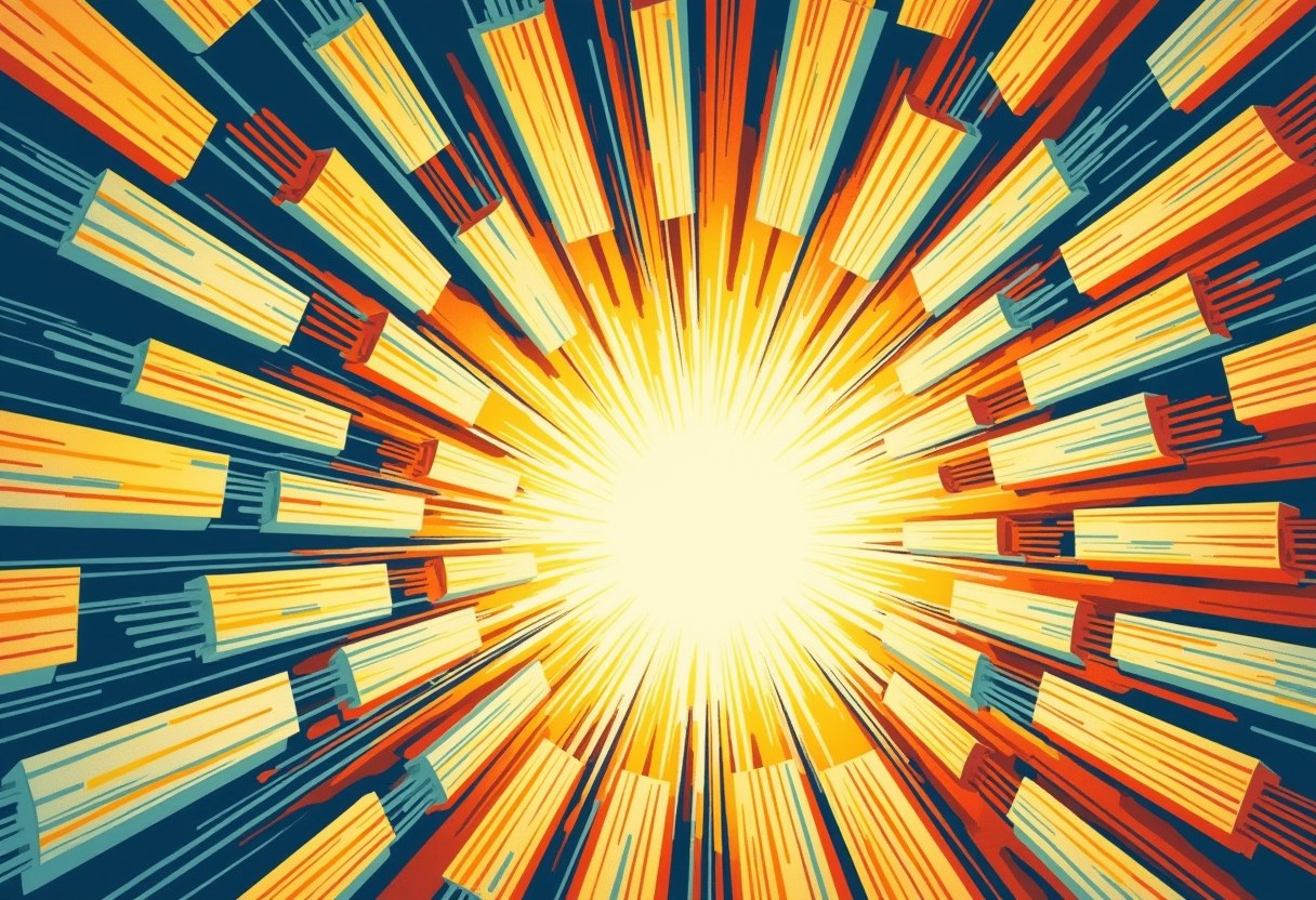 Rows of blocky yellow, orange, and red rectangular shapes radiate outward from a bright white and yellow burst of light against a dark blue background.