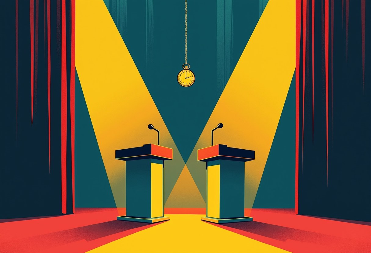 Two empty podiums with microphones face each other on a stage, spotlights crossing beneath a pocket watch hanging from a chain, red curtains on either side.