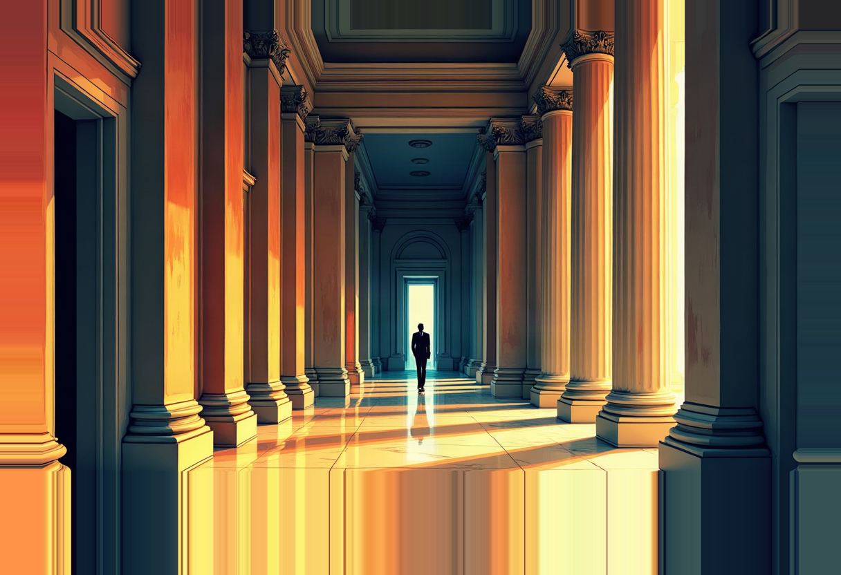 A single silhouetted figure in a suit walks down a long marble colonnade with rows of tall columns, warm orange light on one side and cooler blue-grey tones on the other.