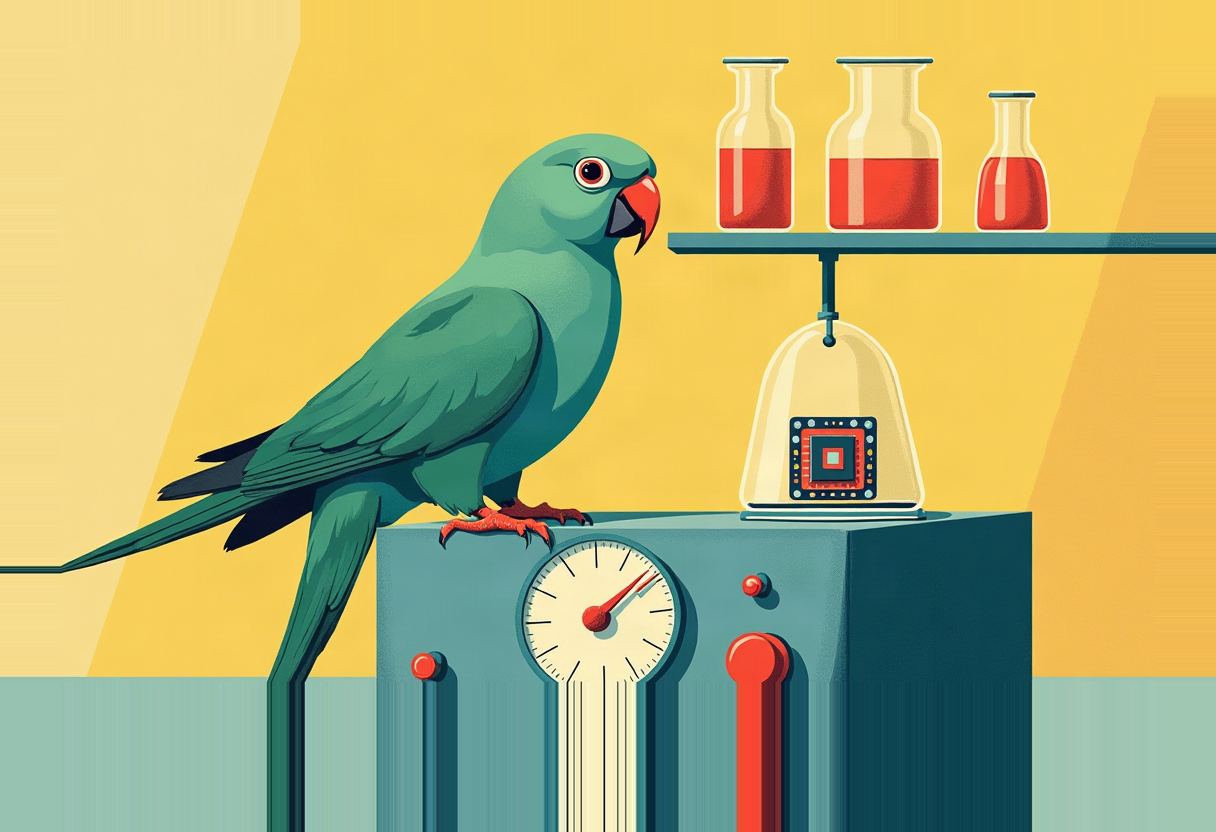 A green parrot perched on a teal console with a gauge and red knobs looks at a shelf holding three beakers of red liquid and a glass dome over a microchip, against a yellow background.