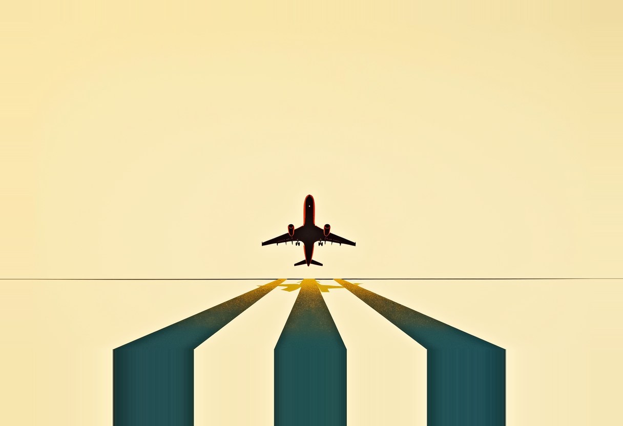 A dark silhouetted jet with a red-orange outline flies above a horizon line, casting three teal-striped shadow beams on a pale yellow background.