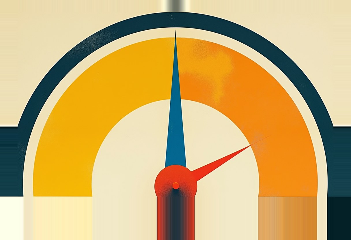 A half-circle gauge with yellow and orange bands, a dark navy outer ring, a thin blue needle pointing straight up, and a red needle pointing to the upper right on a cream background.