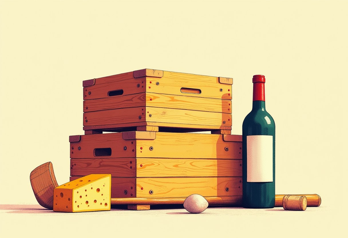 Two stacked wooden crates beside a dark green wine bottle with red foil and blank label, a wedge of holed cheese, and a hockey puck on a pale yellow background.