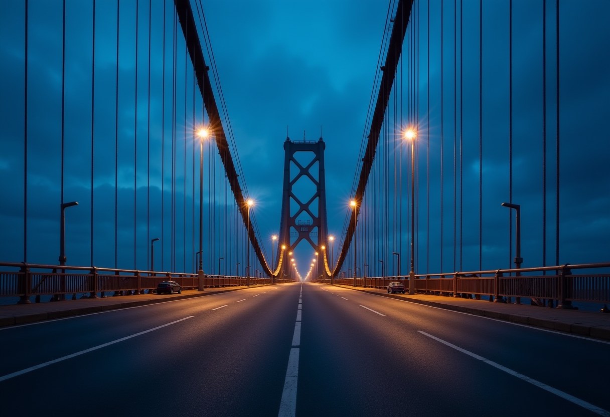 An empty suspension bridge roadway at dusk, lit by streetlamps, with two parked cars, cables converging toward a central tower under a deep blue cloudy sky.
