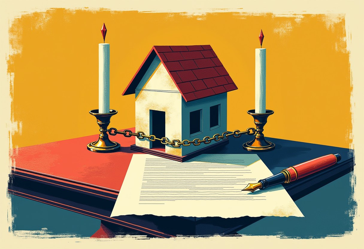 A small house model wrapped in a chain between two candlesticks sits atop a lined document with a fountain pen, on a red-and-blue table against a mustard background.
