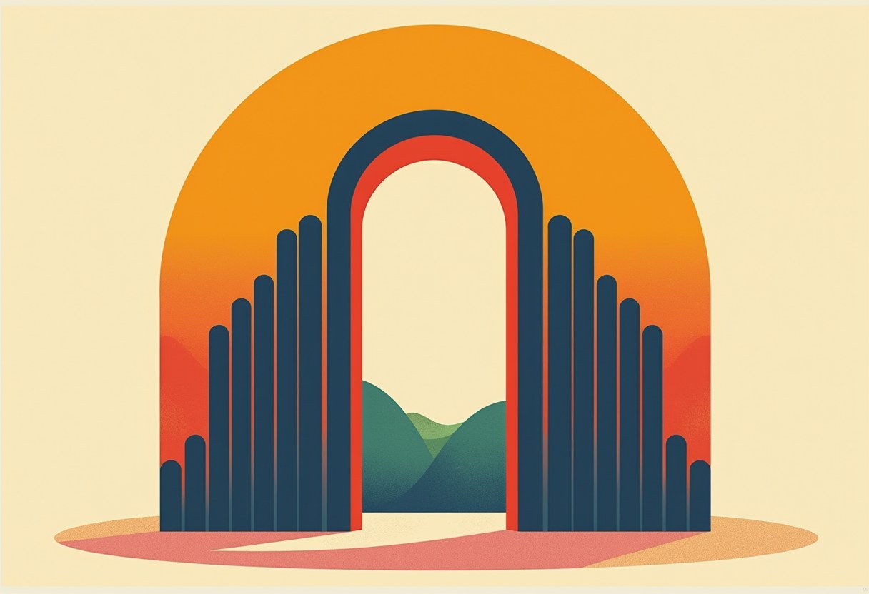 A dark blue archway with red trim, flanked by tall columns of graduated heights, stands against an orange sunburst backdrop framing green hills beyond.