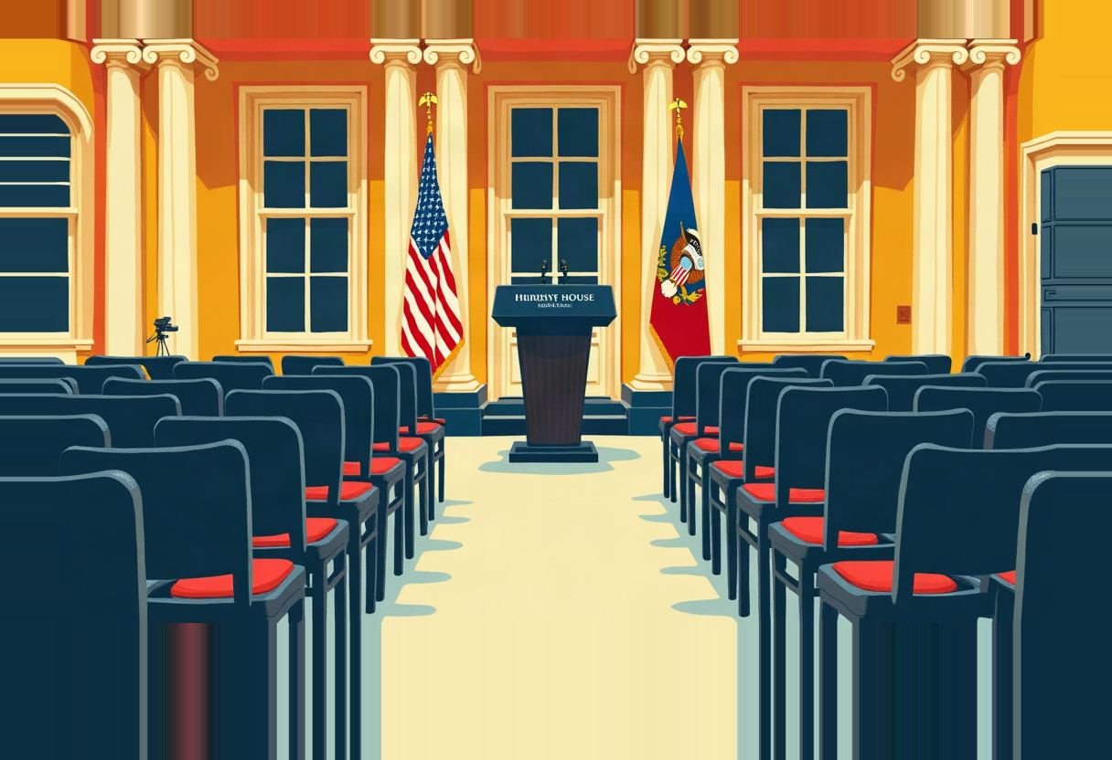Empty press briefing room with rows of dark blue chairs flanking a center aisle leading to a podium between a US flag and a blue seal flag, under tall columns and orange walls.